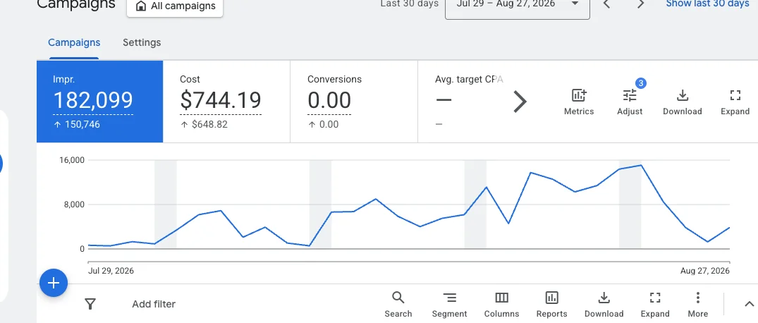 Google Ads campaign performance showing 182099 impressions and campaign cost